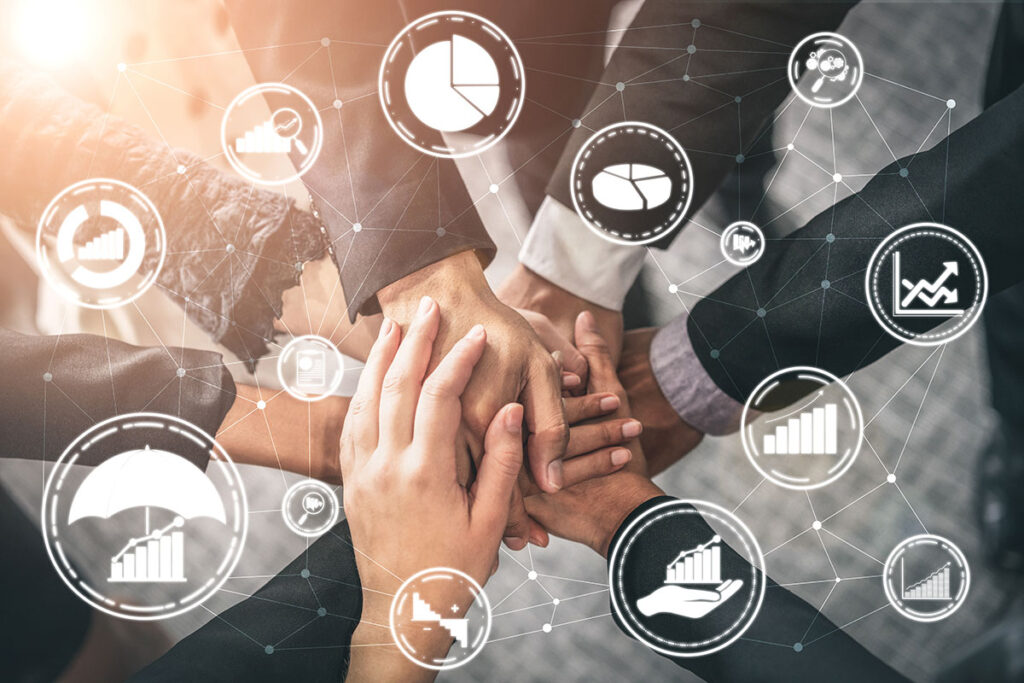 business team strategy hands together