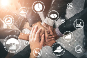 business team strategy hands together